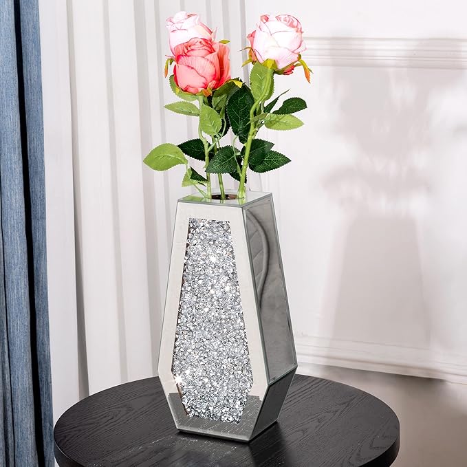 Crushed Diamond Mirror Vase Silver Flower Vases for Decor Bling Crystal Glass Vase for Room Decor, 12 Inches (Can Hold Water)