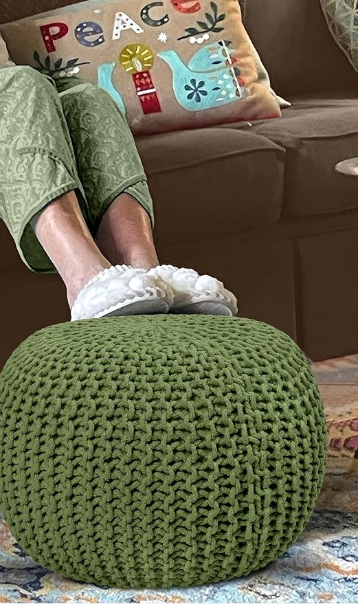 COTTON CRAFT Round Dori Pouf - Cotton Braid Cord Cable Knitted Ottoman - Foot Stool - Footrest - Floor Pouf - Accent Furniture - Woven Ottoman - Bean Bag - Living Room Dorm - 20 Dia x 14 High - Sage
