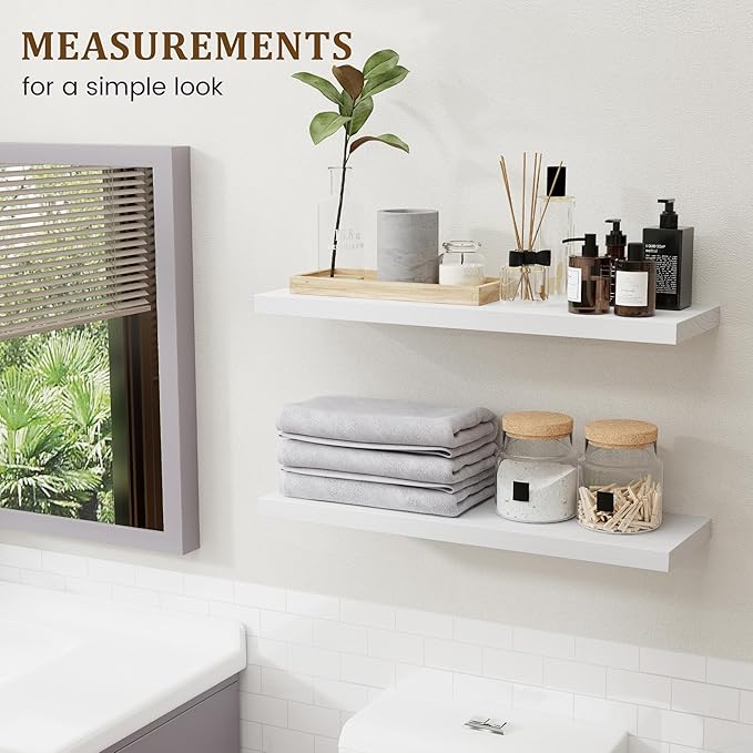 Marsmiles Wood Floating Shelves for Wall Storage, 24 inch Wide Set of 2, Invisible Wall Mounted Rustic Wooden Display Shelves for Living Room Bathroom Bedroom Kitchen Office,White