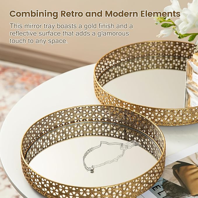 Glitzhome Set of 2 Oversized Round Gold Mirror Decorative Trays, Metal Vanity Jewelry Tray Perfume Dresser Tray, Elegant Hollow-Carved Jewelry Organizer Makeup Trays