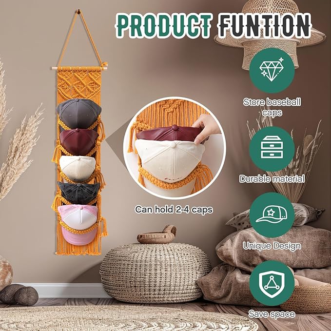 2 Pcs Baseball Cap Holder, Boho Macrame Hat Organizer for Wall, Over The Door Hat Rack for Decoration and Display Handmade Hanger for Baseball Holder up to 20 Caps(Yellow)