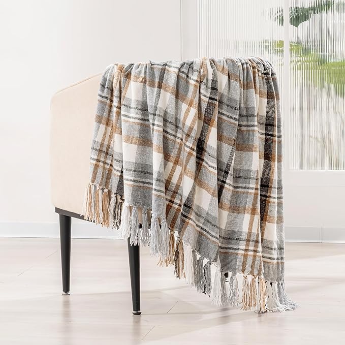 EVERGRACE Plaid Chenille Throw Blanket for Couch, Super Soft Cozy Decorative Farmhouse Plaid Throw with Tassels, Lightweight Chenille Knit Throw for Bed Sofa Gift Home Decor, Grey & Beige 50"x60"