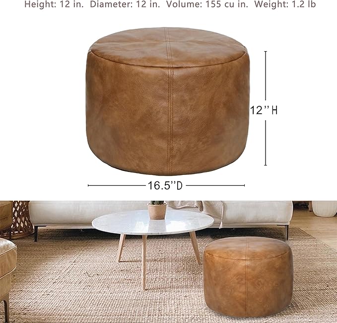 Thgonwid Unstuffed Faux Leather Pouf Cover, Handmade Footstool Ottoman Storage Solution, Floor Footrest Cushion - 16.5”Dx12”H, Mocha