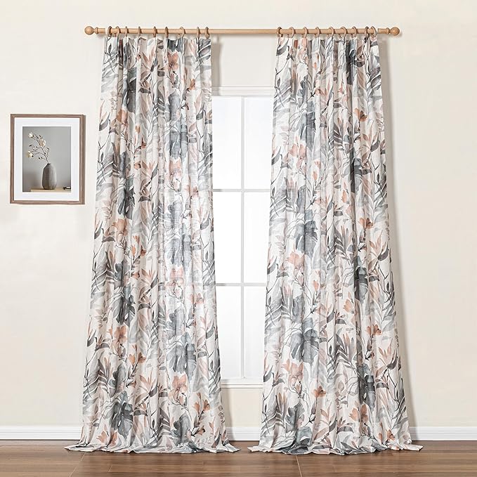 MYSKY HOME Two Pages Pinch Pleated 95 Inches Linen Orange Curtains for Living Room/Dining Room Burlap Effect Floral Printed Privacy Protect Drapes Window Treatments, 2 Panel, Coral and Natural