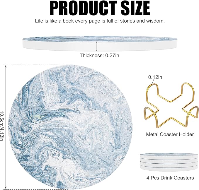 Coasters for Drinks Set of 4, Absorbent Abstract Light Blue Marble with Metal Golden Holder, Ceramic Coaster Set Cup Mat for Home Decor, Bar, Kitchen, Party
