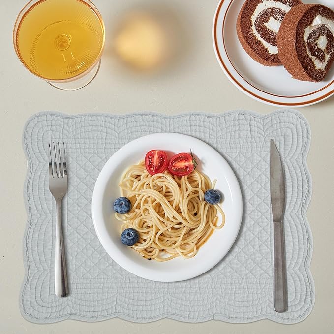HOMBYS Quilted Placemats Set of 6 Washable-13x18 inches Rectangular Placemats for Kitchen Table-100% Cotton Fabric Rectangular Table Mats, (Light Grey)