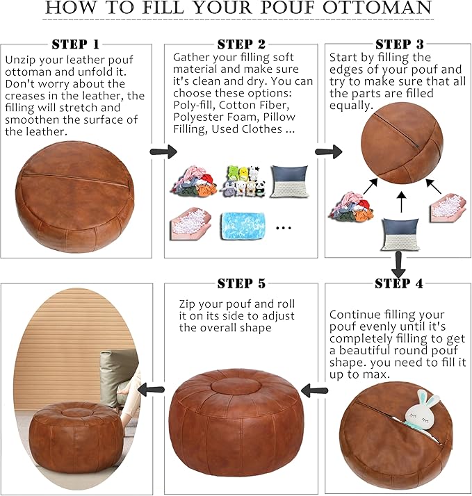 Thgonwid Unstuffed Moroccan Ottoman Pouf Cover, Ottoman Footstool Storage Solution, Bean Bag Chair, Foot Rest, Brown