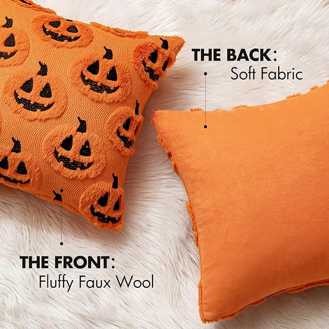 MIULEE Fall Halloween Throw Pillow Covers 20x20 Decorative Pumpkin Pattern Pillowcases Soft Plush Faux Wool Cushions for Home Patio Sofa Couch,Orange-Black