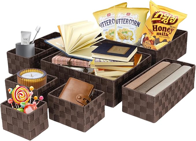 Drawer Organizer, Cube Baskets for Storage Shelves, Handmade Small Woven Basket, Shallow Storage Bins for Organizing Desk, Dresser, Kitchen, Pantry, Nested 7 Pack, Brown
