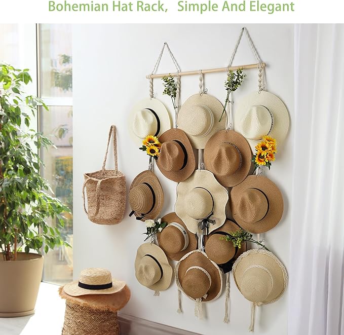 Macrame Hat Rack for Wall 31x53 in Hat Organizer with 15 Clips Hanging Hat Hangers for Wide Brimmed Hat Display Women Hat Storage Boho Hat Hanger Decorative Hat Holder for Fedora Cowboy Hat