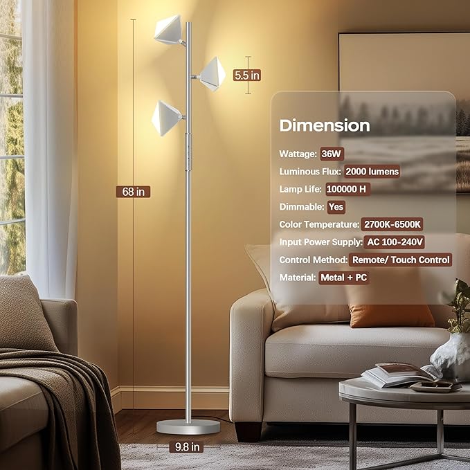 QiMH LED Tree Floor Lamp, Modern Floor Lamp for Living Room with 3 Lights,4 Color Change, 36W Stepless Dimmable Tall Standing Lamp with Touch and Remote Control for Bedroom Home Office, Silver