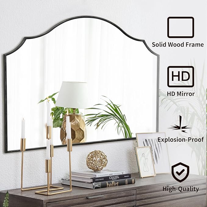 Black Scalloped Wall Mirror: 40"x29" Large Modern Minimalist Vanity Arched Mirror for Home Decor/Living Room/Bedroom/Fireplace/Mantle/Entryway