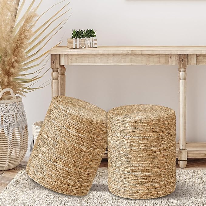 Cplxroc Pouf Ottoman, 100% Handwoven Seagrass Braided Pouffe, Boho Decor Floor Chair for Couch or Desk, Outdoor Ottomans for Garden, Round Footrest with Wood Frame, Home Decorative Seat for Balcony