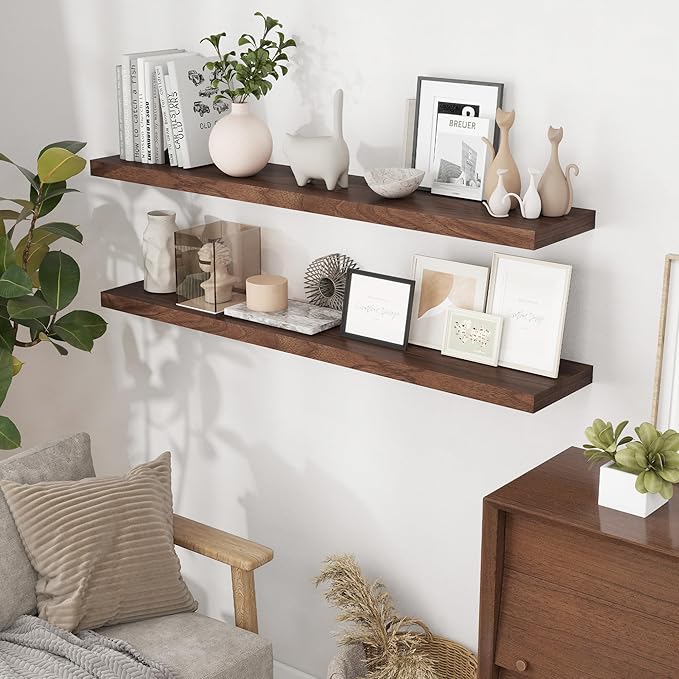 55"W x 9"D Floating Shelves Set of 2, 9.3 Inch Deep Floating Shelves Wall Mounted, Wide Wall Shelves Invisible Bracket, Deep Storage Shelves for Living Room, Bathroom, Kitchen, Walnut Color