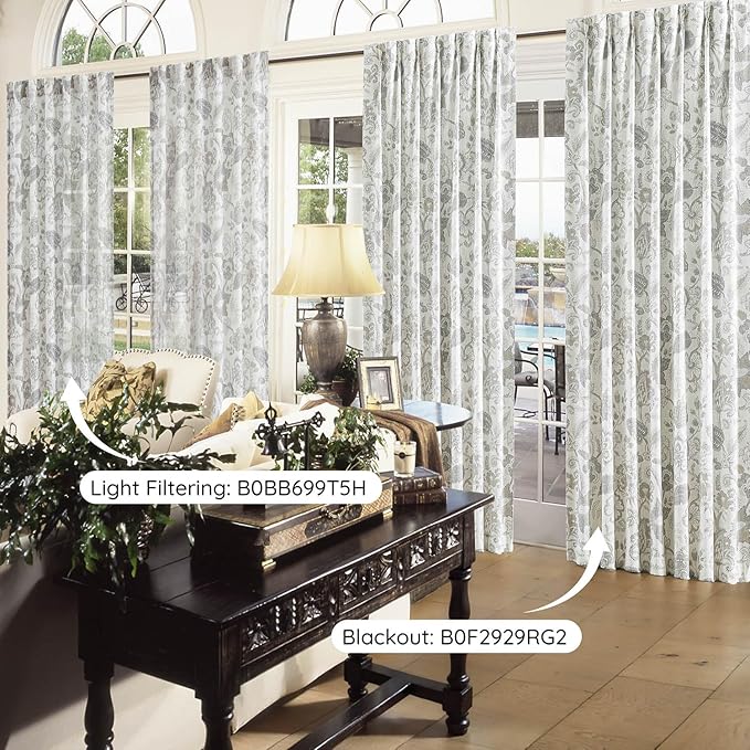 Kayne Studio Linen Grey Curtain Panels Linen Textured Botanical Leaf Print Floral Farmhouse Linen Curtain Drapes Light Filtering Window Treatments Living Room Bedroom Rod Pocket Back Tab,52"x102"x2