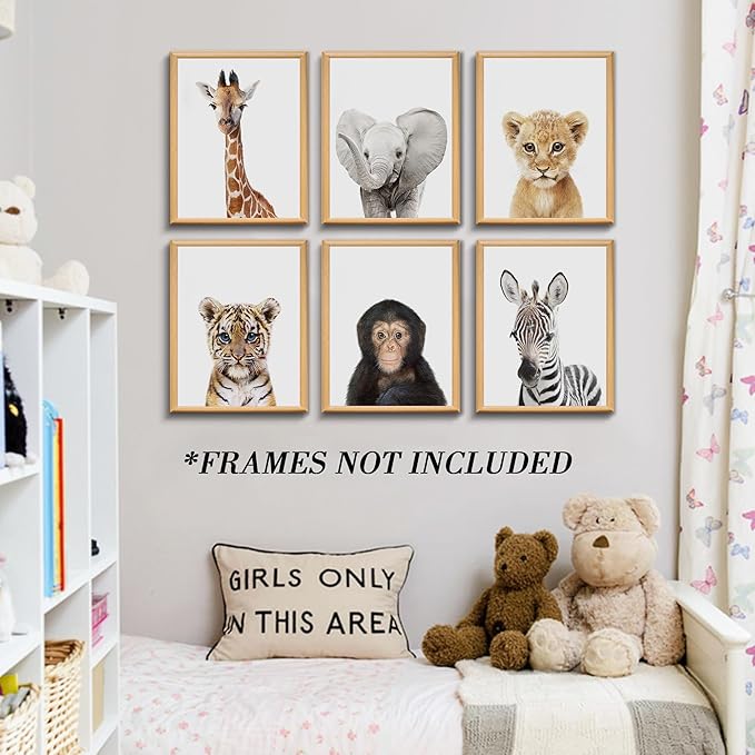 Set of 6 Baby Safari Nursery Wall Decor - Picture Cute Animal Wall Prints on Canvas, under 20 dollars gifts for Baby Boys and Girls Room, UNFRAMED Wall Art