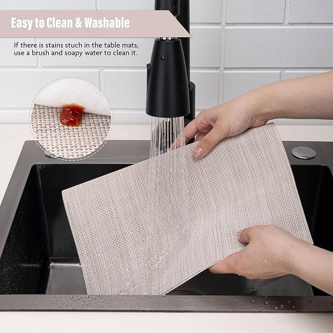 Winknowl Placemats Set of 8 Woven Vinyl Insulation Indoor Place mats for Dining Table, Washable Durable PVC Table Mats (Beige)