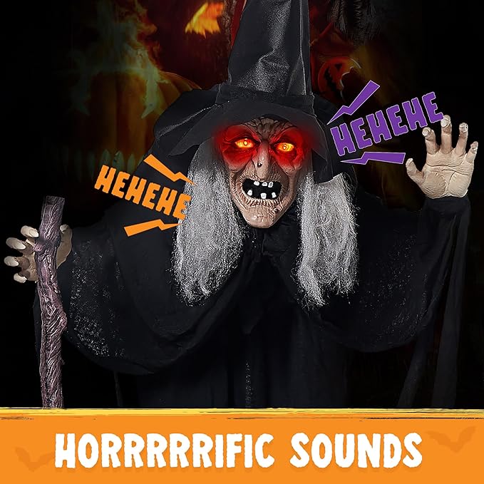 JOYIN 72" Outdoor Halloween Decorations Animatronics Witch with Cane, Life Size Animated Ghost Haunted House Prop Décor with Creepy Sound and Light-up Eyes, Party Supplies