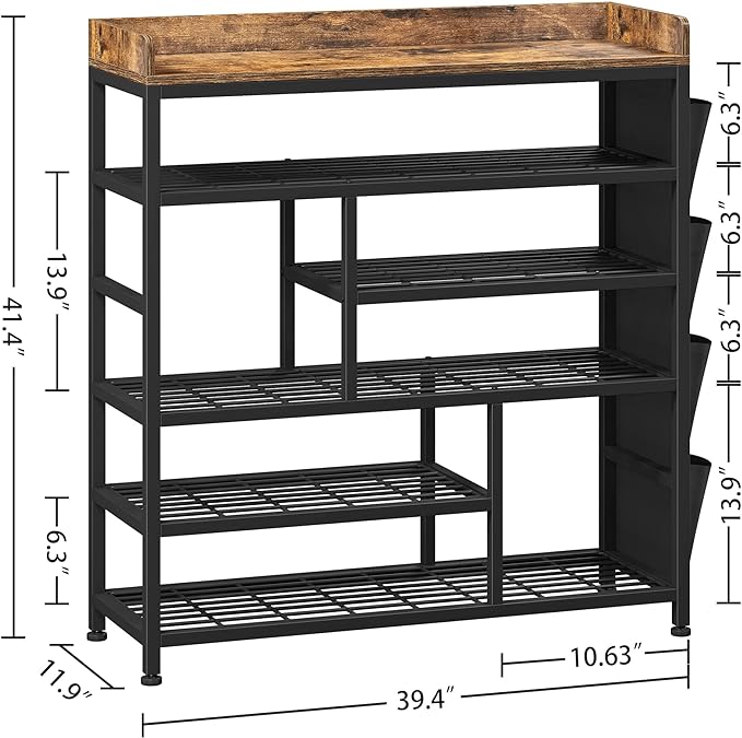 EnHomee Metal Shoe Rack for Entryway, 6 Tier Shoe Storage Organizer Holds 22 Pairs, Wooden Top and Side Pocket for Entry, Entrance, Hallway, Black