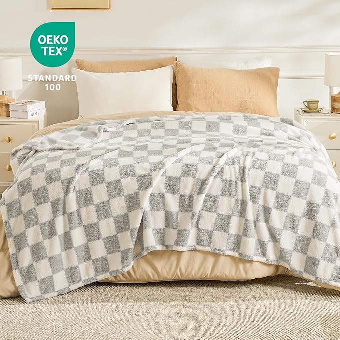 EMME Checkered Blanket Twin Size - 60"x80" Grey Knit Blanket Soft Fluffy Patterned Throw Blankets for Couch, Sofa, Chair, Bed, Camping, Picnic, Travel