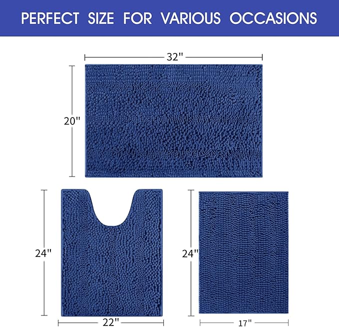 Striped Denim Blue Bathroom Rug Set 3 Pieces Ultra Soft, Non Slip Chenille Bath Carpet, Absorbent Plush Shaggy Bath Mats for Bathroom, Toilet, Bedroom, Kitchen