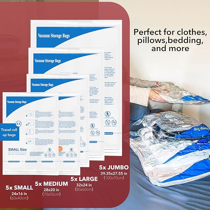 Vacuum Storage Bags with Electric Air Pump 24 Combo (5 Jumbo/5 Large/5 Medium/5 Small/4 Roll), Plastic Packaging Bags,Space Saver Sealer Bags for Clothes, Pillows, Comforters, Blankets, Bedding
