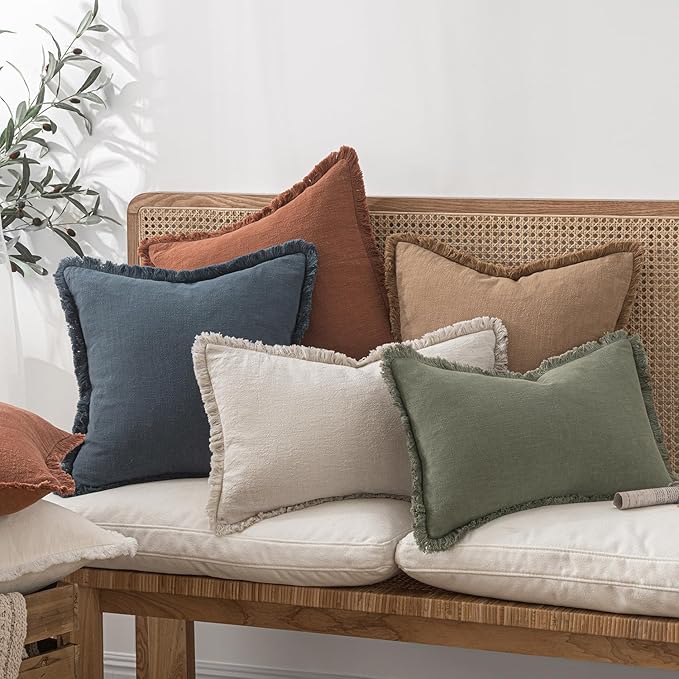 MIULEE Decorative Throw Pillow Covers Neutral Linen Fringe Throw Pillows Set of 2 Natural Beige Boho Farmhouse Cushion Covers with Tassels for Couch Sofa Bed Living Room Spring Home Decor 18x18 Inch