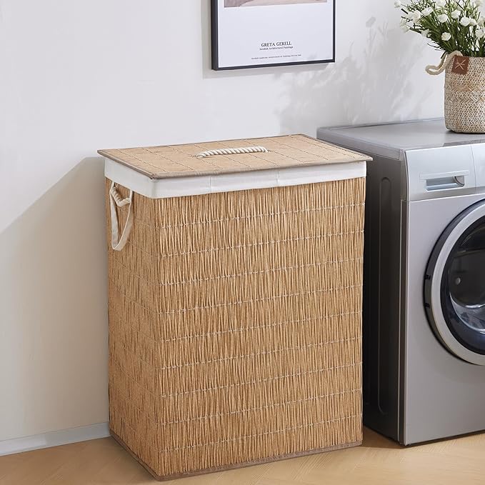 Laundry Hamper with Lid, 55.5 Gallon (210L), Large Handwoven Rattan Laundry Basket, 3 Section Clothes Hamper with Handles, 2 Removable Liner and Side Pocket, Natural