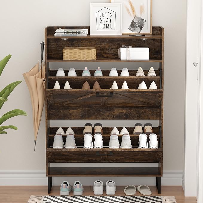 Shoe Cabinet with 2 Flip Drawers, Freestanding Hidden Shoe Storage Organizer for Entryway, Narrow Slim Shoe Rack Cabinet with Open Storage & Hooks for Front Door Entrance, Living Room, Hallway, Brown