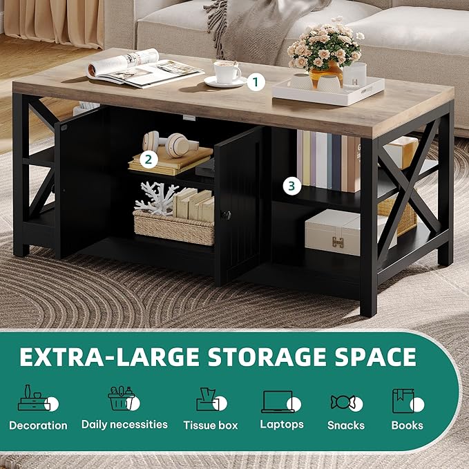 YITAHOME Coffee Table with Storage, Farmhouse Coffee Tables for Living Room, Rectangle Coffee Table 2 Tiers Shelf, CenterTable Space Saving Living Room Small Tables Easy Assembly, Brown and Black