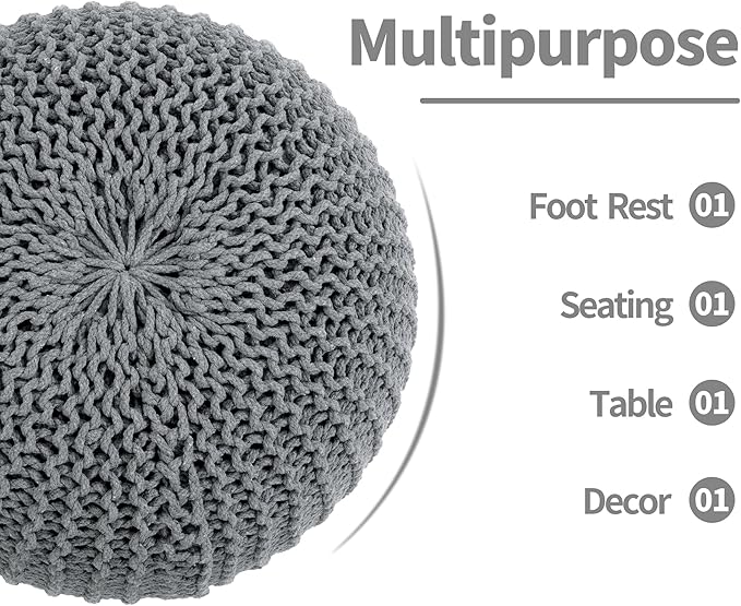 HOMBYS Unstuffed Ottoman Pouf Cover, 100% Cotton Handmade Knitted Ottoman Pouf Cover Round Foot Stool, Floor Bean Bag Chair, Foot Rest Storage for Living Room Bedroom, Light Grey(Cover ONLY NO Filler)
