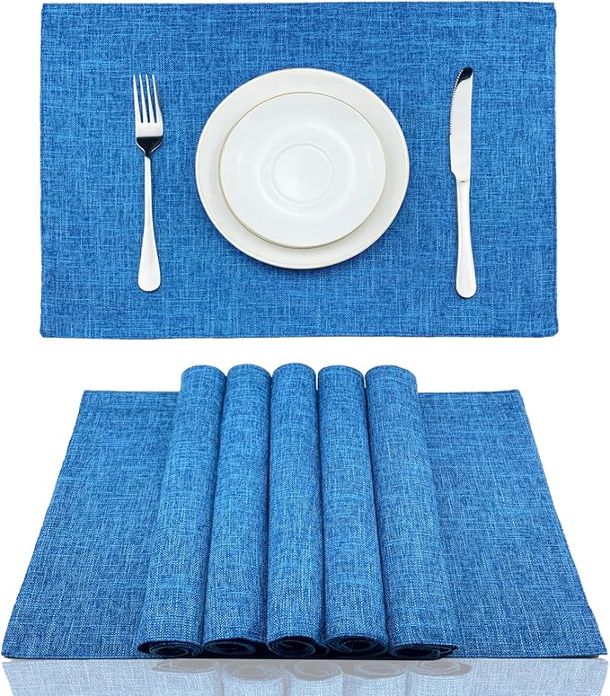 Weabetfu Cloth Placemats Set of 6 Heat Resistant Dining Table Placemmats Cotton Linen Machine Washable Kitchen Table Mats Wrinkle Free Thick Fabric Place Mats,Easy to Clean,13" x 19" Blue
