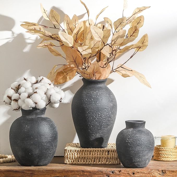 Ceramic Flower Vase Home Decor - Farmhouse Table Vases Rustic Vintage Living Room Kitchen Bedroom Decorations for House Book Shelf Office Coffee Desk Dining Fireplace (7.4" Black)