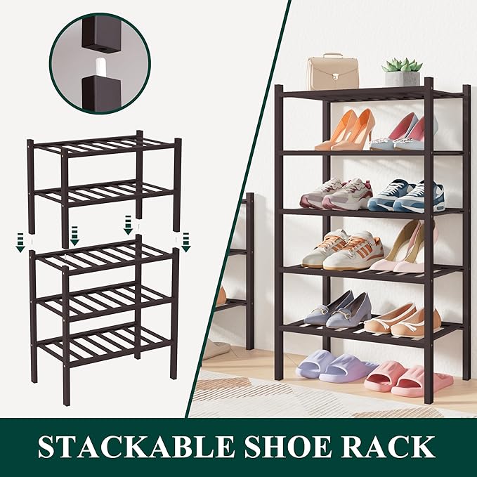 Smiry Bamboo Shoe Rack for Closet, 2 Tier Small Wooden Stackable Shoe Organizer, Free Standing Shoes Storage Shelf for Entryway, Front Door Entrance, Brown