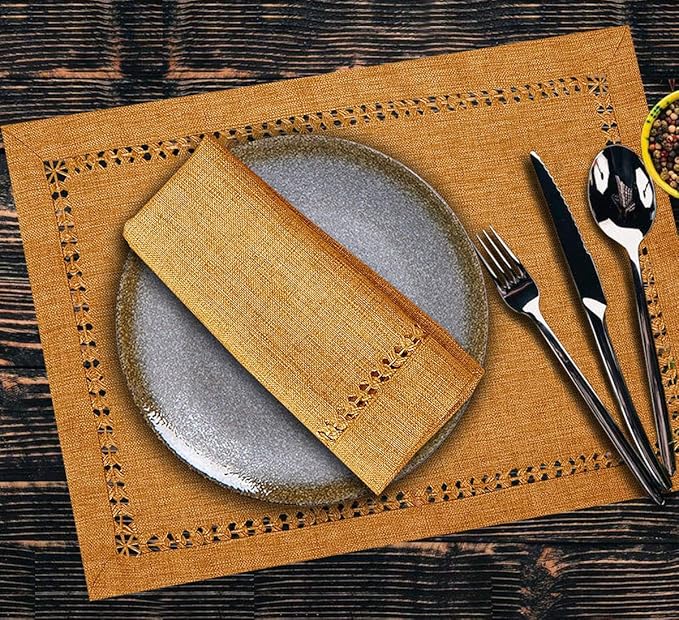 Grelucgo Set of 4 Handcrafted Solid Mustard Gold Color Dining Table Place-mats, Double-Hemstitched, Rectangular 12 x 18 Inch