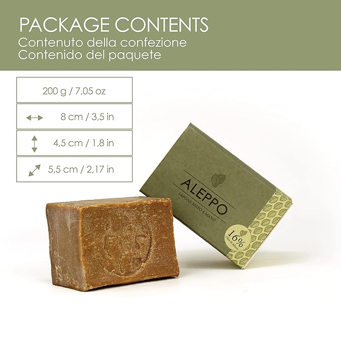 LYNPHA VITALE Aleppo Soap Bar with Olive Oil and 16% of Laurel Oil – Handmade Soap for Sensitive Skins, Original Recipe - 100% Natural and Biodegradable - 1x7,05 oz