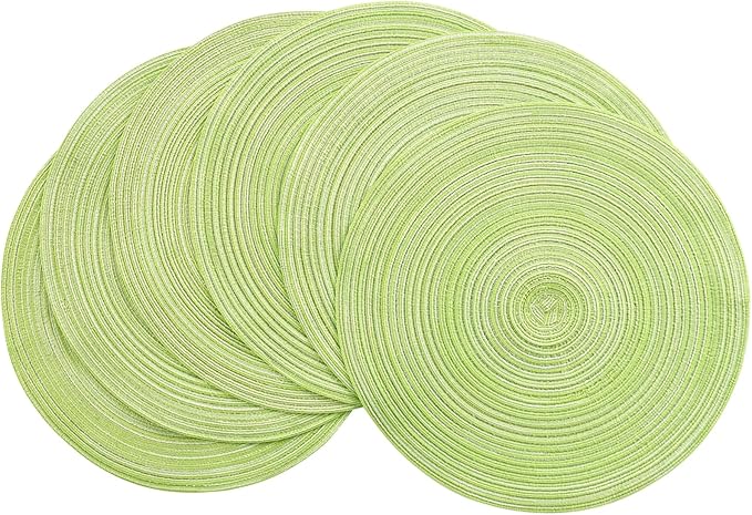 Floroom 15 Inch Round Braided Placemats Set of 6, Washable Heat Resistant Cotton Polyester Circle Place Mats for Kitchen Dining Table - Spring Green