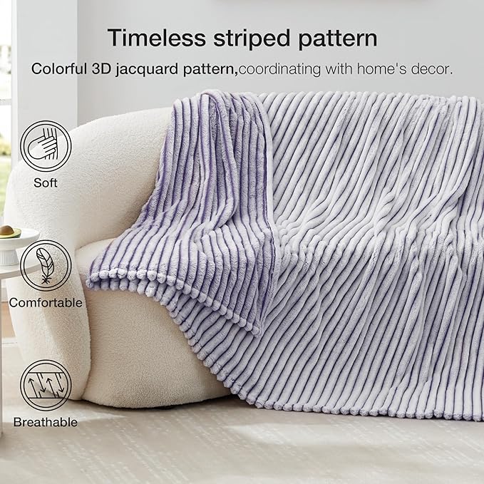 EXQ Home Fleece Throw Blanket for Couch or Bed - 3D Printed Stripe Jacquard Decorative Blankets - Cozy Soft Lightweight Fuzzy Flannel Blanket Suitable for All Seasons(50"×60",Purple)