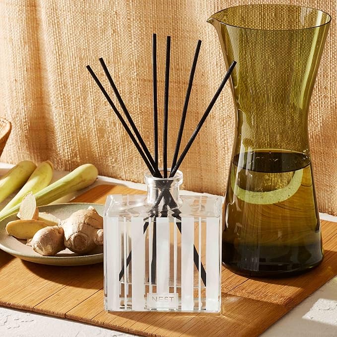 NEST New York Reed Diffuser, Lemongrass & Ginger - 5.9 fl oz - Fragrance for Up to 90 Days - Reusable, Refillable Glass Holder - Includes 8 All-Natural Reed Sticks - Flame Free