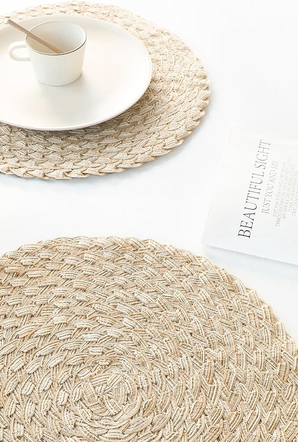 Floroom 15 Inch Round Braided Placemats Set of 6, Washable Heat Resistant Cotton Polyester Circle Boho Place Mats for Kitchen Dining Table - Dunes Khaki