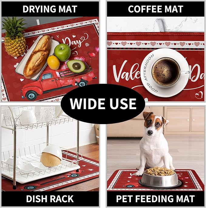 Happy Valentine's Day Dish Drying Mat for Kitchen Red Love Heart Truck Plaid Drying Mats Super Absorbent Dishes Drainer Pad Reversible Microfiber Dish Drying Rack Mat for Kitchen Counter 18x24 Inch