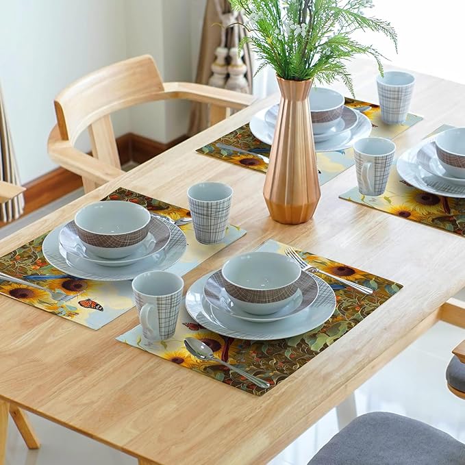 Giwawa Sunflower Birds Placemats Set of 4, Summer Sun Flower Butterflies Linen Place Mat 12x18 Inch, Farmhouse Floral Washable Table Mats Kitchen Dining Tabletop Party Picnic Decor