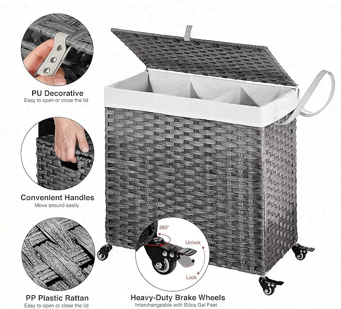 GREENSTELL Laundry Hamper with Wheels&Lid, 130L Large 3 Sections Clothes Hamper with 2 Types Removable Liner Bags, 5 Mesh Laundry Bags, Handwoven Divided Laundry Basket Gray