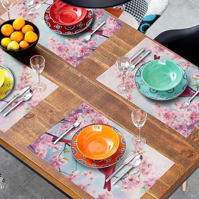 Giwawa Spring Birds Placemats Set of 4-12x18 Inch Red Bird Cherry Blossom Floral Place Mat- Stain Heat Resistant Linen Table Mats for Kitchen Dining Tabletop Seasonal Party Indoor Outdoor Decor