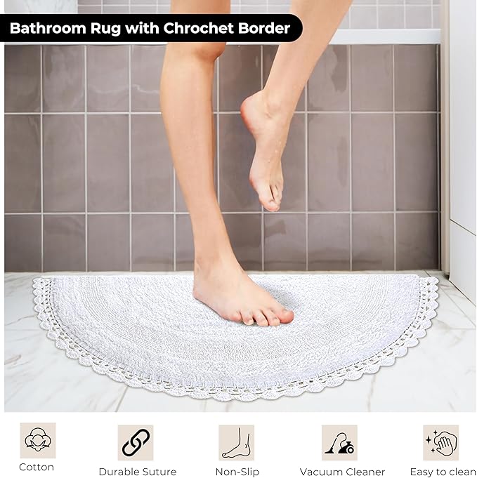 Half Circle Bohemian Bathroom Rug with Handwoven Chrochet Border, Beautifully Handcrafted 100% Cotton Mat - 22x42 inch, Round Boho Bedroom Rug, Boho Bathroom Décor, Machine Washable - White