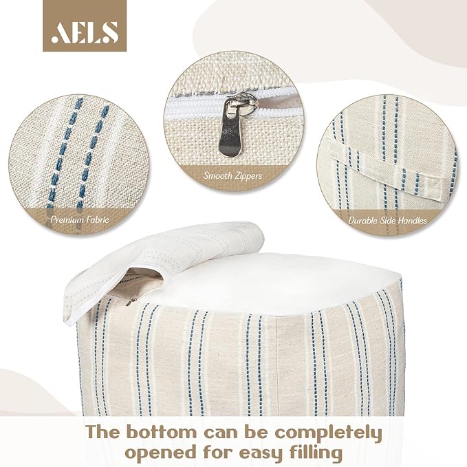 AELS Unstuffed Farmhouse Pouf Cover for Living Room, Boho Storage Bean Bag Cubes, Beige with Navy Blue Stitch Yarn Dyed Stripe Linen Square Ottoman Pouf Foot Rest Footstool, 18"x18"x18", Cover ONLY