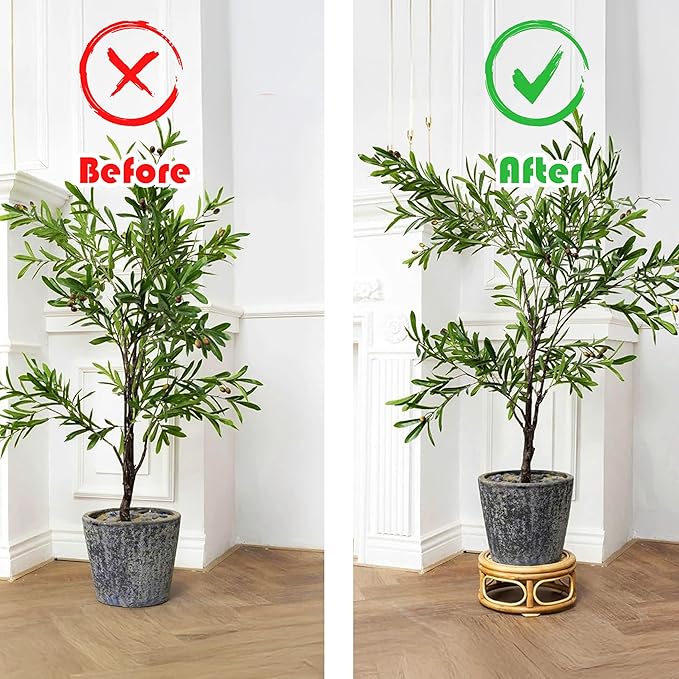 Set of 2 Large Rattan Wicker Round Risers Decorative Indoor Plant Stand, Mid Century Minimalist Modern Plant Stands, Boho Short Plant Stand Holder Suitable Fits 8'' and 12'' Pots