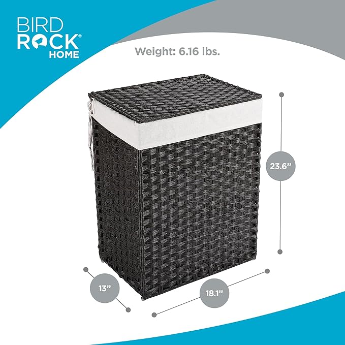 BIRDROCK HOME Laundry Hamper with Lid - Hand Woven PE Rattan Clothes Basket with Removable Liner Bag - Small Collapsible & Foldable Laundry Bin Organizer Storage for Bathroom, Bedroom - Single, Brown