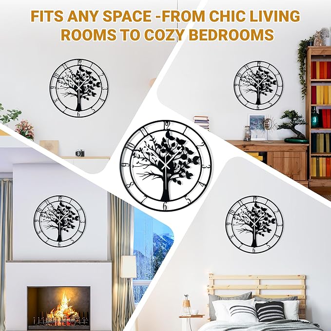16inch/40cm Tree of Life Wall Clock for Bedroom Living Room Battery Operated Metal Decorative Analog Silent Analog Non Ticking Clocks Room Wall Decor (Tree of Life, 16 inches)