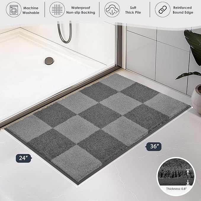 PURRUGS Bathroom Rug Non-Slip Machine Washable 24" x 36", Super Absorbent and Quick-Dry Bath Mat, Extra Soft and Plush Bath Rug for Shower, Bathtub and Sink, Grey & Dark Grey